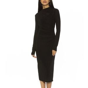 Alexia Admor Kim Midi Black Ruched Long Sleeve New Dress Womens Large